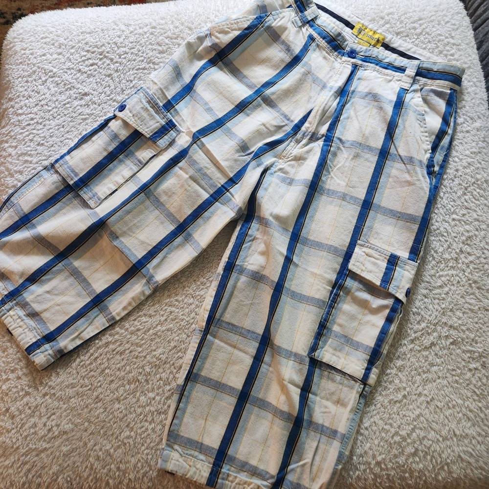 PJ Mark Mens Plaid Cargo Shorts Blue White Checkered Size 32 Cotton Y2K Skater